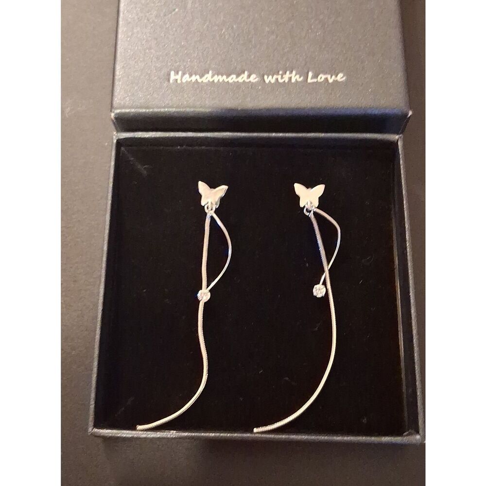 S925 Sterling Silver Minimalist Dangle Butterfly Rhinestone Earrings New In Box
